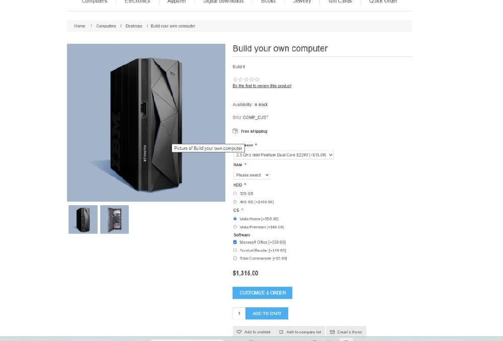 customize option is available on the product page storefront